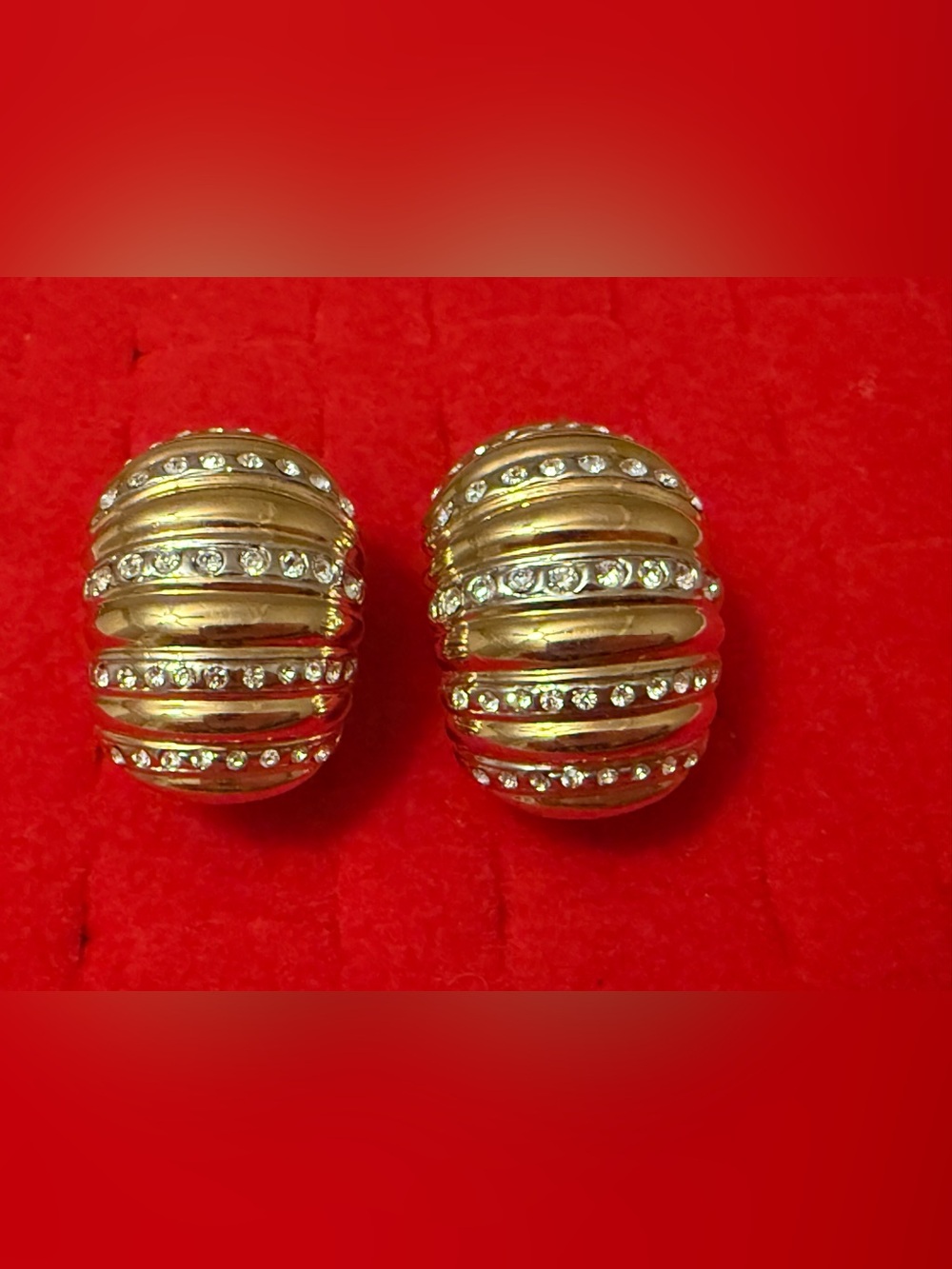 Vintage 80s ChunkyGold-Tone Crystal Dome Hoop Clip-On Earrings -